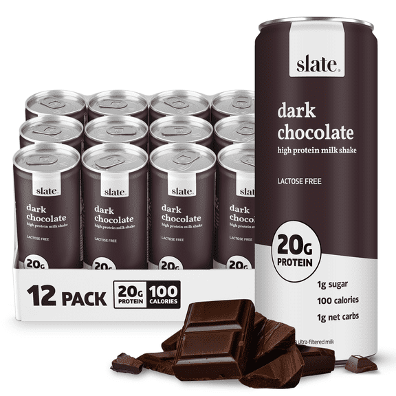 Slate Milk - High Protein Milk Shake - Dark Chocolate - 20g Protein, 1g Sugar, 100 Calories - 11 fl oz, 12 Cans