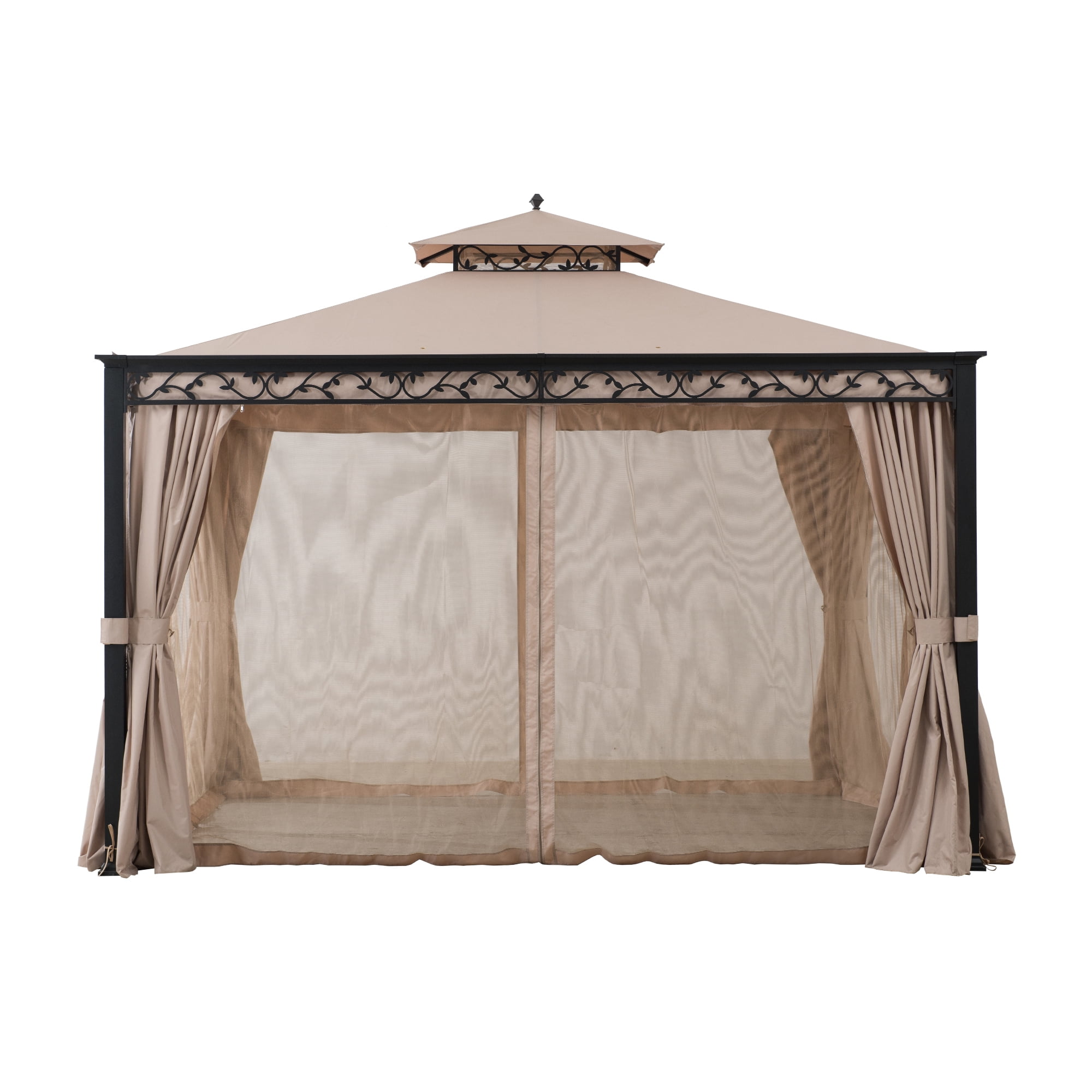 Sunjoy Gazebo à structure en acier 10 x 12 pieds Patio extérieur Gazebo à toit souple à 2 niveaux avec vigne décorative, filet, rideaux et crochet de plafond