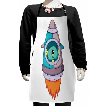 

Alien Kids Apron Upset Little Cartoon Character Sitting Inside a Space Vehicle Cosmic Funny Doodle Boys Girls Apron Bib with Adjustable Ties for Cooking Baking Painting Multicolor by Ambesonne