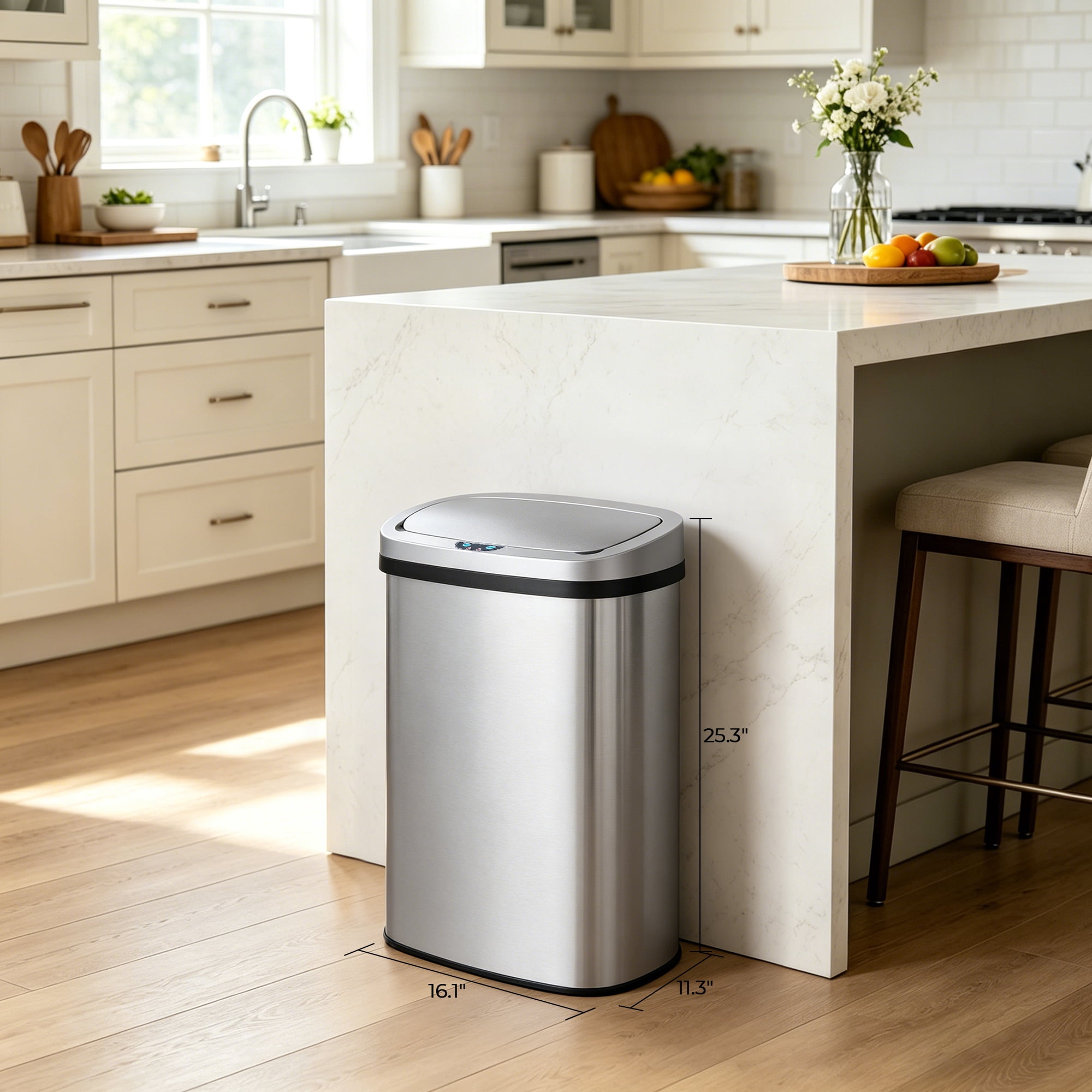 Innovaze 13 Gallon/ 50 Liter  Motion Sensor Trash Can, Stainless Steel Oval Kitchen Garbage Can, Silver