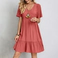 thumbnail image 2 of WTXUE Plus Size Dresses, A-Line Short Sleeve Vestidos Casuales Para Mujer V-Neck, Summer Dress Flowy Casual Skinny Ruffle Dresses Solid Mid-Length Flowy Dresses Women's Plus, Red Size XL, 2 of 7