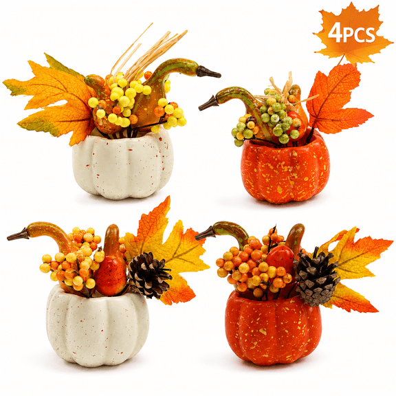 Pumpkin Decor Fall Decoration for Home Tanksgiving Floral Artificial Stackable Pumpkins for Harvest Tabletop Centerpiece Home Kitchen Party Supplies 4PCS