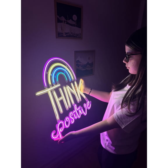 Think Positive Metal Neon Sign, Neon Wall Decor, Light Decor, Led Neon Sign,Neon Wall Decor, Neon Sign, Neon Wall Art, Home Decor, Wedding gifts,Rainbow Color, (Without Remote Control)