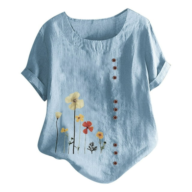 Leutsin Blouse Tunique Décontractée pour Femmes Grande Taille Col Rond Imprimé Boutons Amples