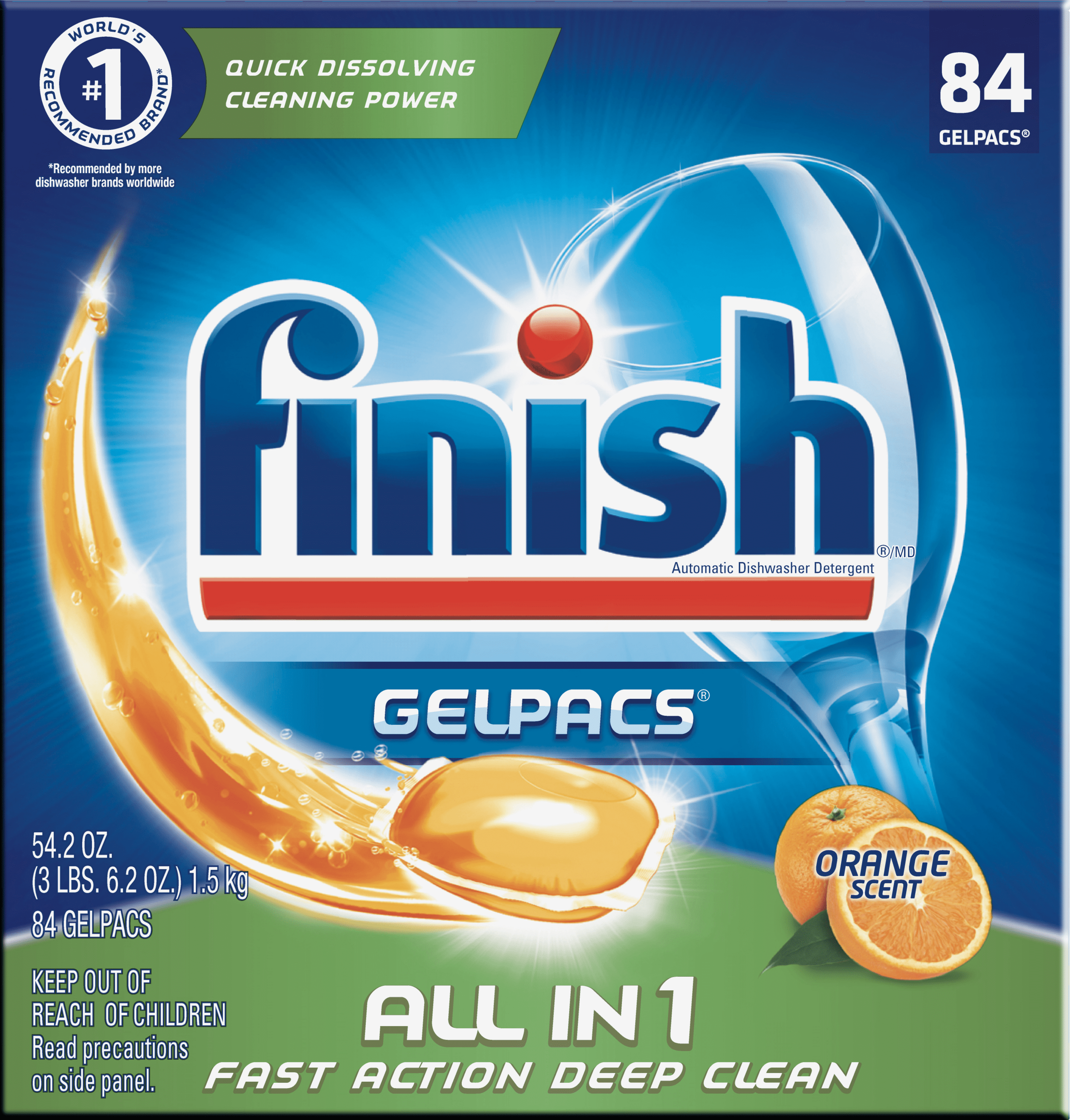 Finish Gelpacs Dishwasher Detergent, Orange Scent, 84 Count