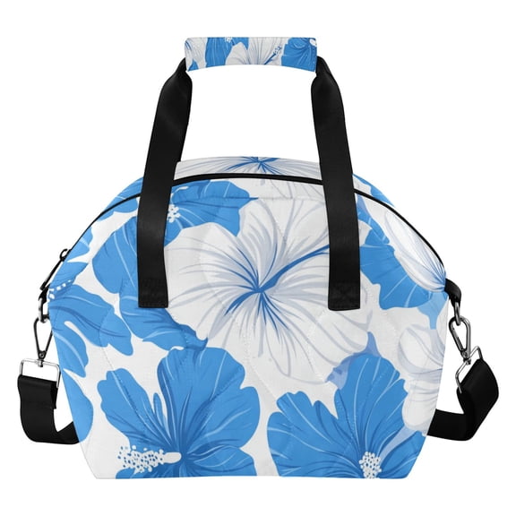 White and Blue Tropical Hibiscus Florals Insulated Lunch Bag Reusable Quilted Lunch Box Waterproof Leakproof Lunch Container