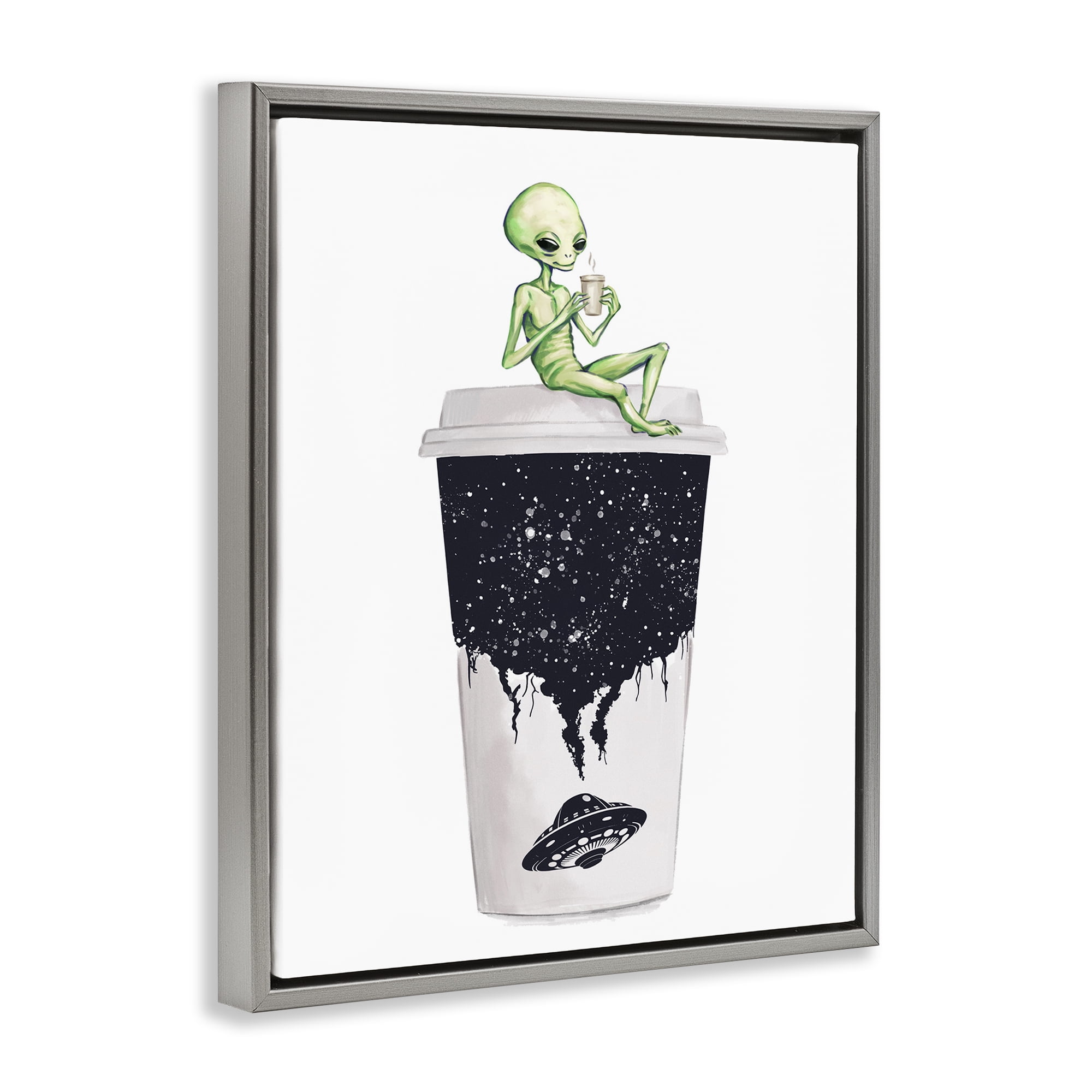 Stupell Industries Alien & Coffee Cup Novelty Painting Gray Floater Framed Art Print Wall Art, 25 x 31