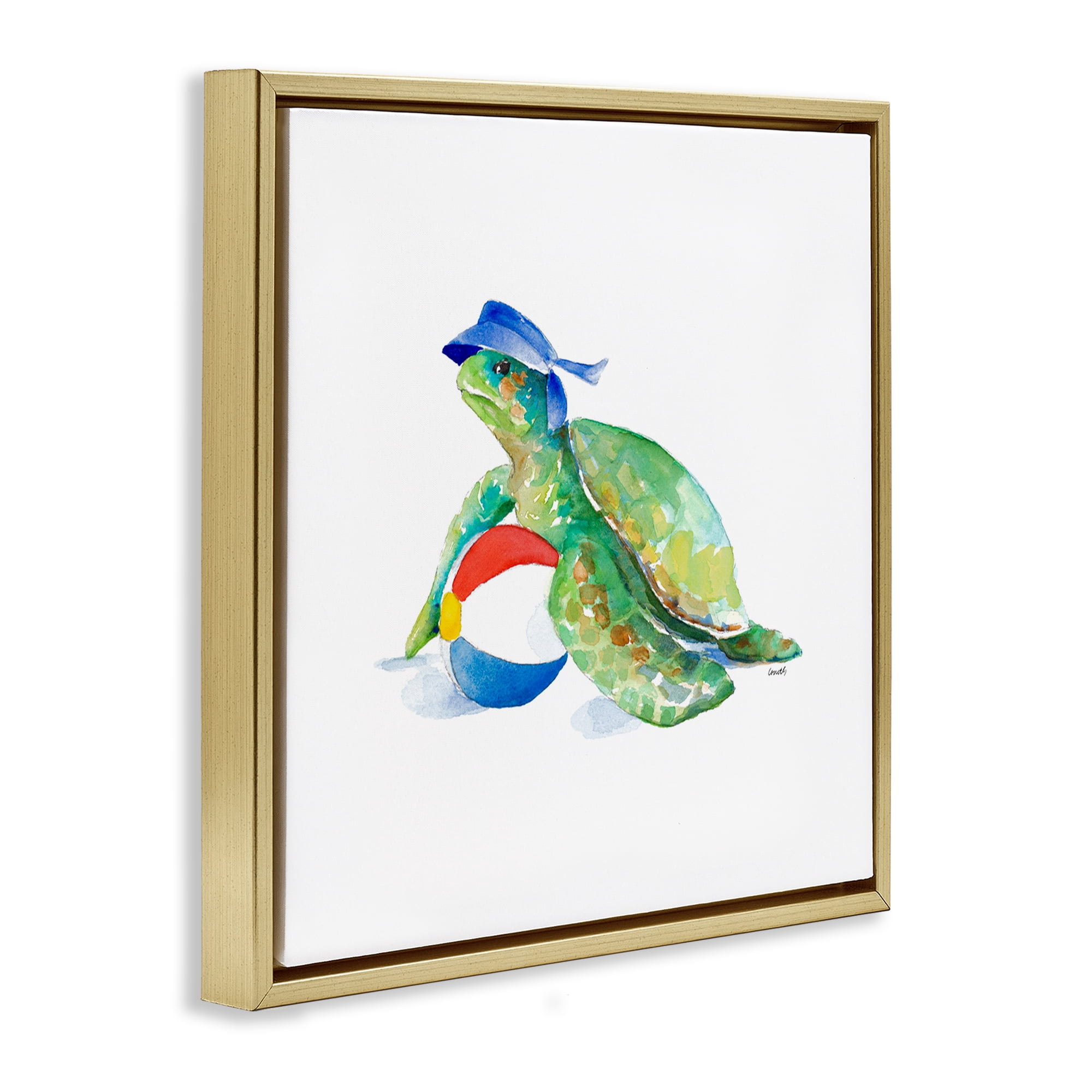 Stupell Industries Turtle & Beach Ball Novelty Painting Gold Floater Framed Canvas Art Print Wall Art, 25 x 25