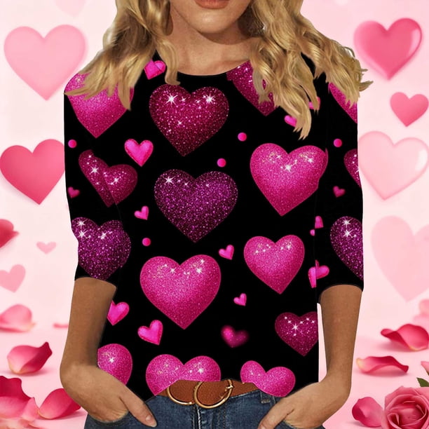 RKSTN Valentines 3/4 Sleeve Tops for Women Oversized Crewneck Valentine's Day Graphic Printed Short Sleeve T Shirt Womens Casual Round Neck Loose Comfy Loves Heart Print Three Quarter Sleeve Shirts