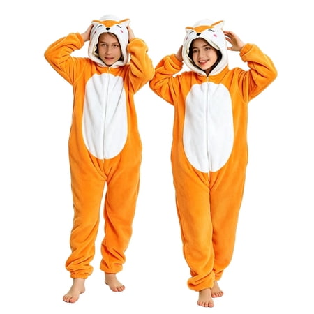 Ruyang Kids Plush Hooded Jumpsuit Fox Dress Up Role Play Outfit Cute Animal Zipper Bodysuits Daily Fall Casual Clothes