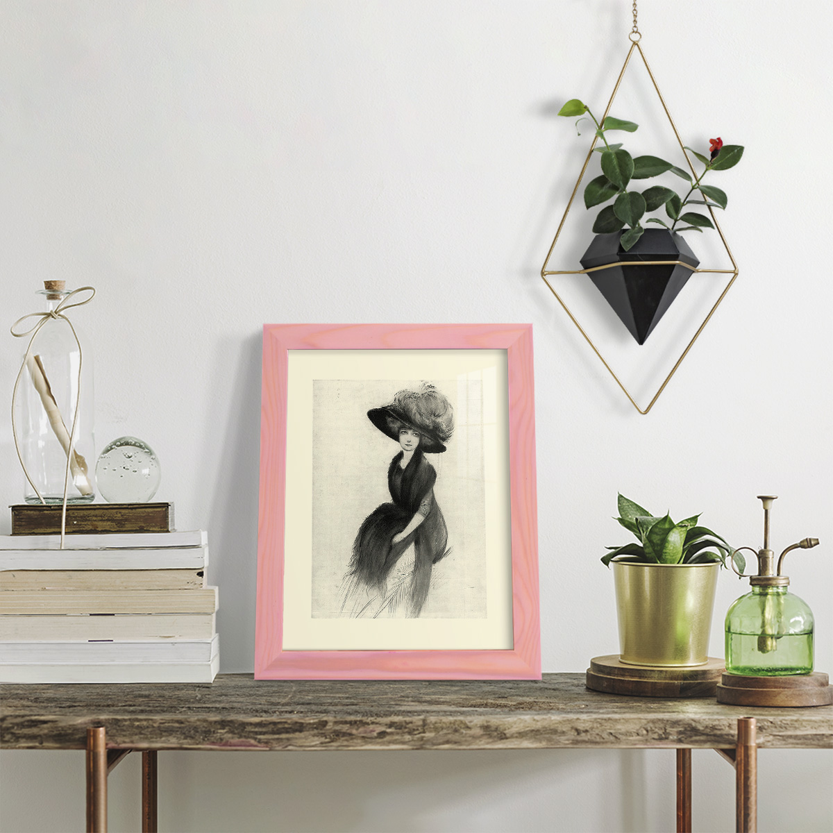 Feather Hat II -Framed Print w/glass-Sunset Pink