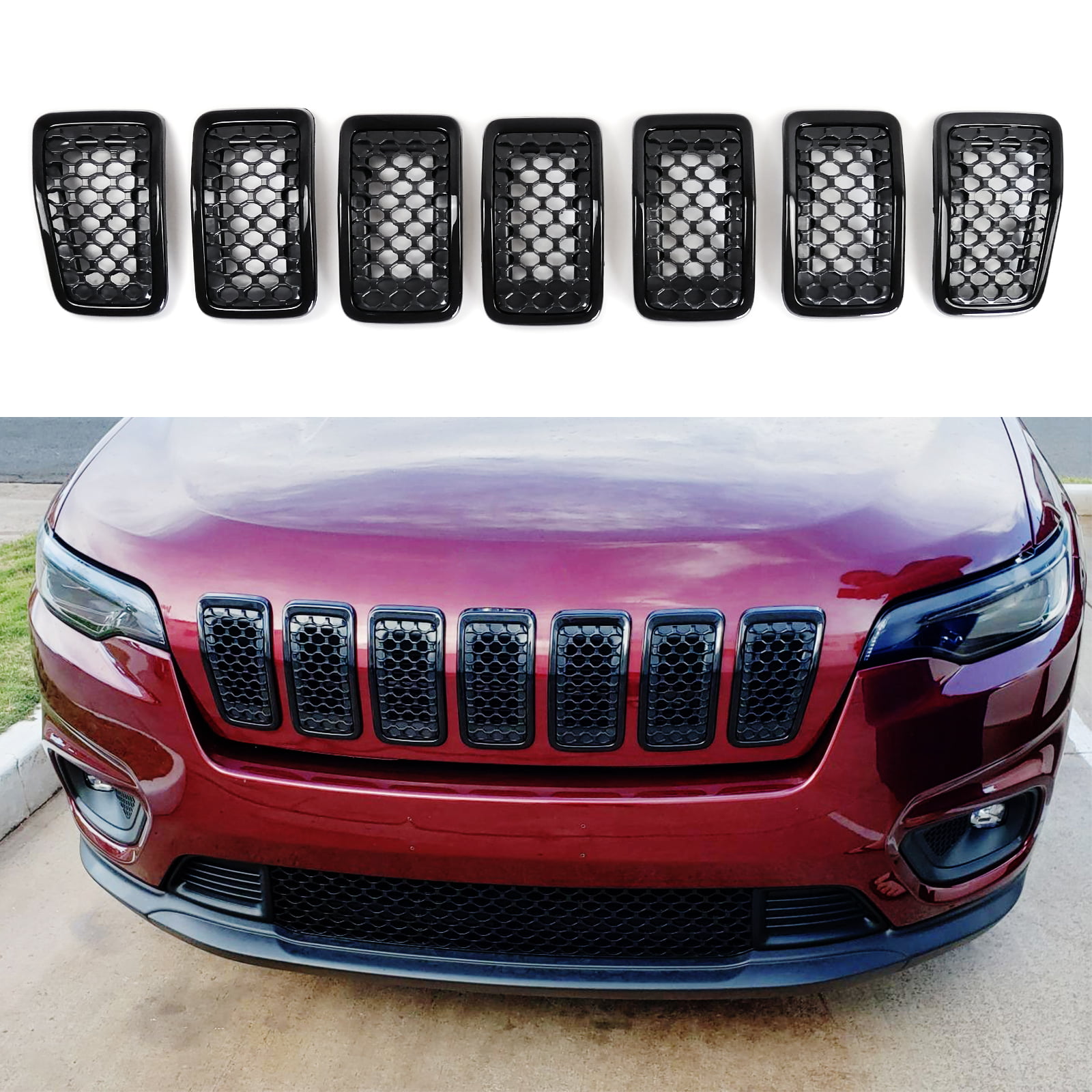 Auraroad Front Grille Inserts Cover Trim Kit Compatible with 2019-2020 Jeep Cherokee Carbon Fiber Style Grill Ring 