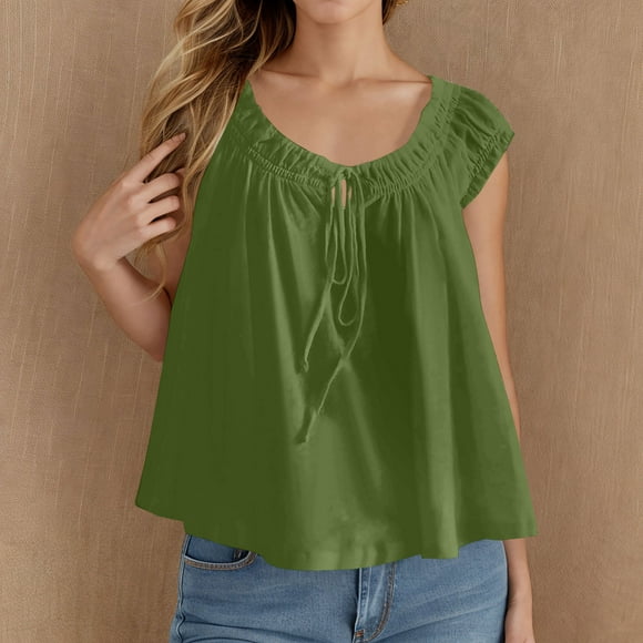 Aqestyerly Women'S Tie Front Peplum top Solid Summer Tie Front Tank tops Cap Sleeve Pleated tops Casual Loose Going Out Flowy Shirt Moisture-Wicking for Vacation Casual Loungewear