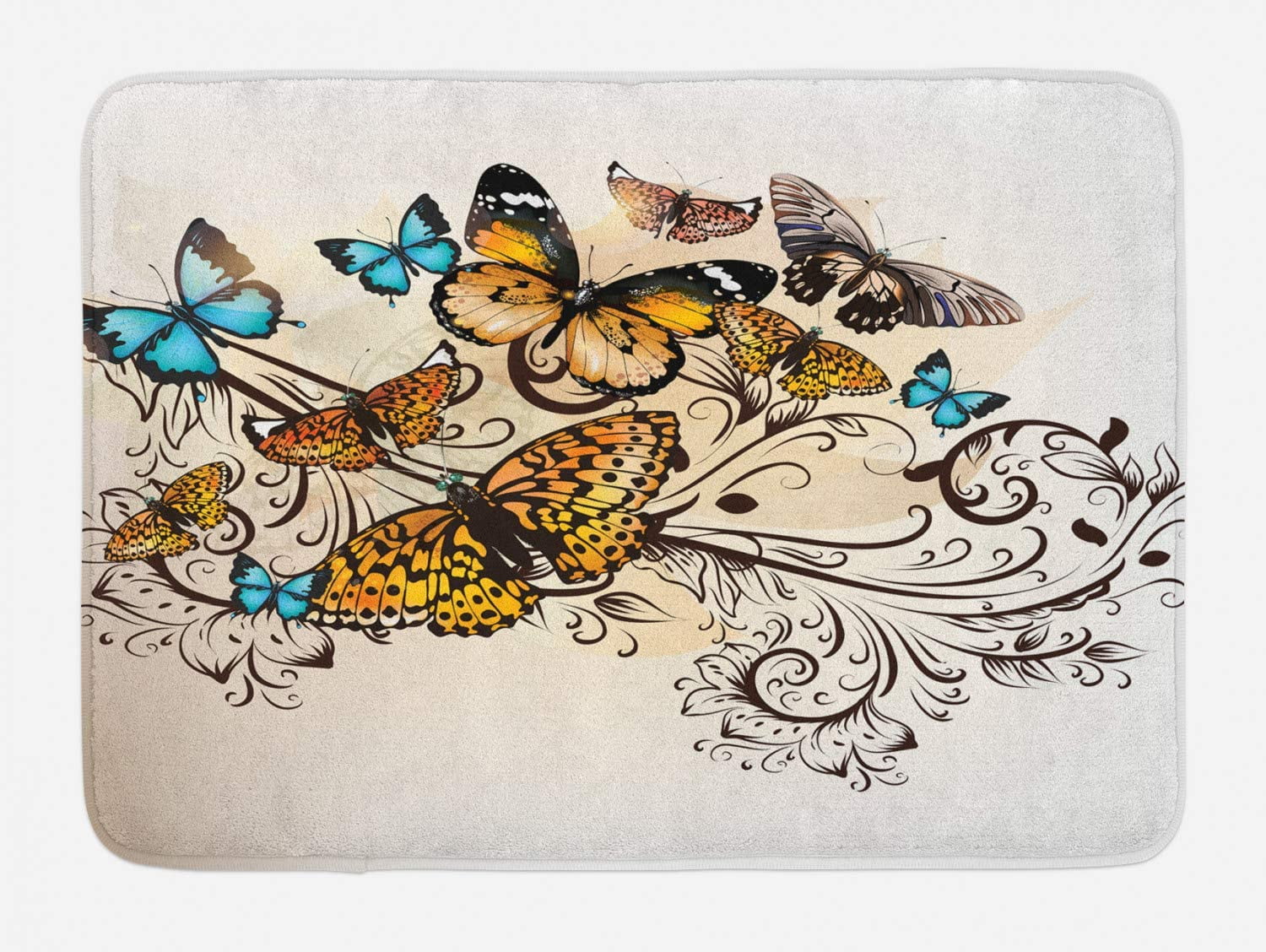 Butterfly Bath Mat, Monarch Butterflies Vintage Damask Inspired Design,  Plush Bathroom Decor Mat with Non Slip Backing, 29.5
