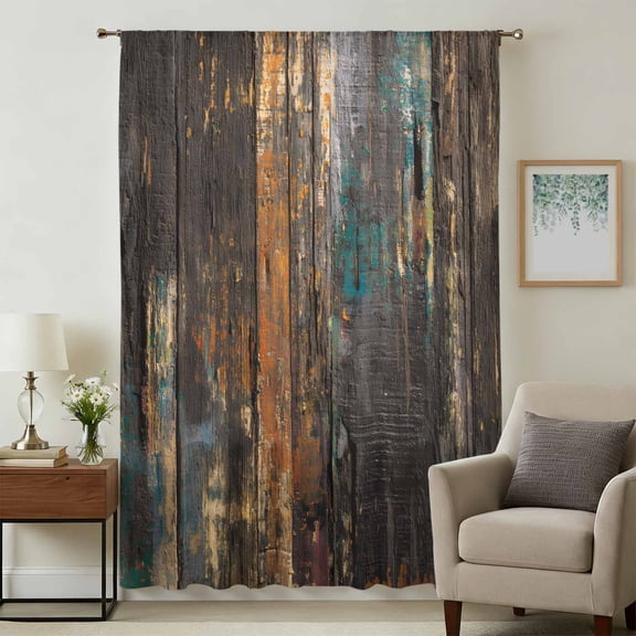 Wooden Grain Sheer Curtains 84 Inches Long, Vintage Farmhouse Brown Shabby Plank Light Filering Curtains, Breathable Simi Curtain Privacy Drapes for Living Room Bedroom Lightweight Window Treatment