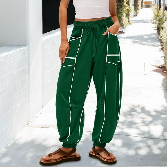 Casual Wide Leg Pants for Women Drawstring Baggy Barrel Sweatpants High Waist Palazzo Lounge Pant with Pockets Green L