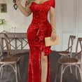 thumbnail image 3 of Women's Trendy Elegant Dress One Shoulder Solid Color Ruffle Slit Party Glitter Long Dress Valentine's Day Gifts, 3 of 7