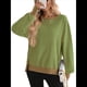 thumbnail image 3 of Sudadera Holgada de Otoño para Mujer, Informal, de Punto Gofre, Larga, Cuello Redondo, Abertura, Tipo Túnica. Verde L, 3 of 9