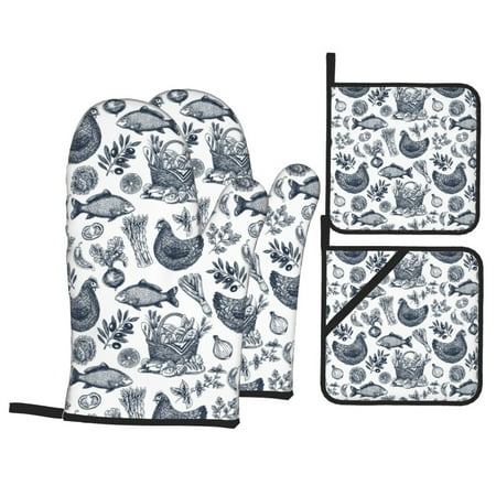

Oven Mitts and Pot Holders Sets 4 pcs Sketch Chicken Fish Vegetable Non-Slip Oven Gloves Potholders Soft Quilted Lining Heat Resistant Gloves Hot Pads for Kitchen Cooking Baking
