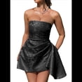 thumbnail image 1 of Vestido de Fiesta de Satén Bordado con Escote en V y Corte en A. Negro L, 1 of 8