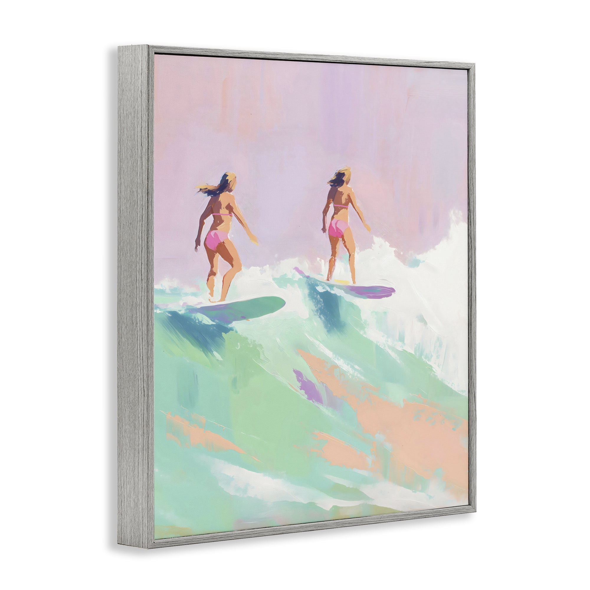 Stupell Industries Two Surfing Girls on Wave Gray Framed Giclee Art, design by The Prints Vibe