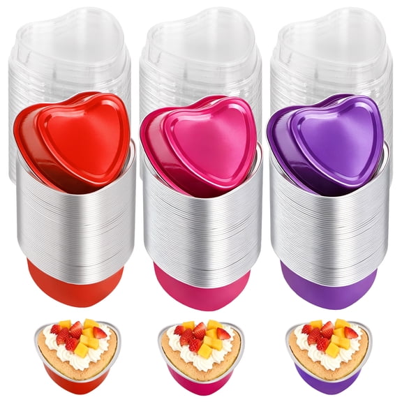 45 Pcs Valentine's Day Aluminum Foil Cake Pan Heart Shaped Cupcake Cup with Lids 100 ml/3.4oz Disposable Mini Ramekins Baking Cups for Mother's Day Wedding Birthday Party Favor