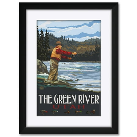 The Green River Utah Fly Fisherman Stream Hills Framed & Matted Art Print by Paul A. Lanquist. Print Size: 12
