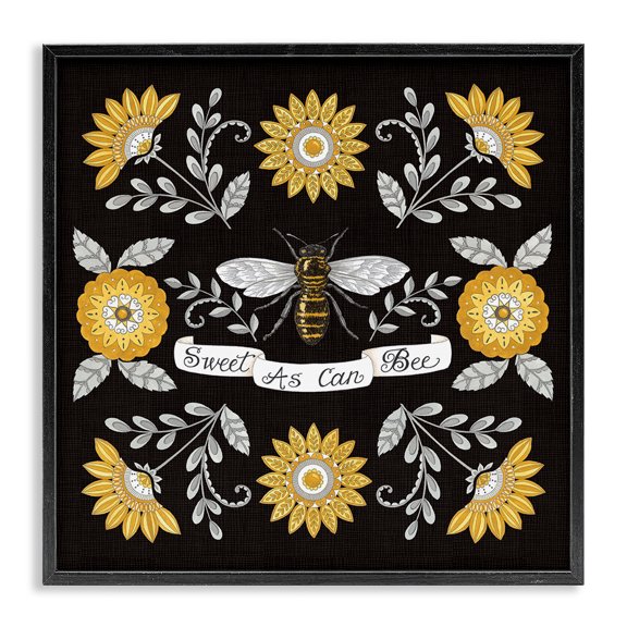 Stupell Industries Shabby Chic Sweet as Can Bee Sentiment Vintage Floral Pattern Black Framed Giclee Art, 12 x 12, by Deb Strain