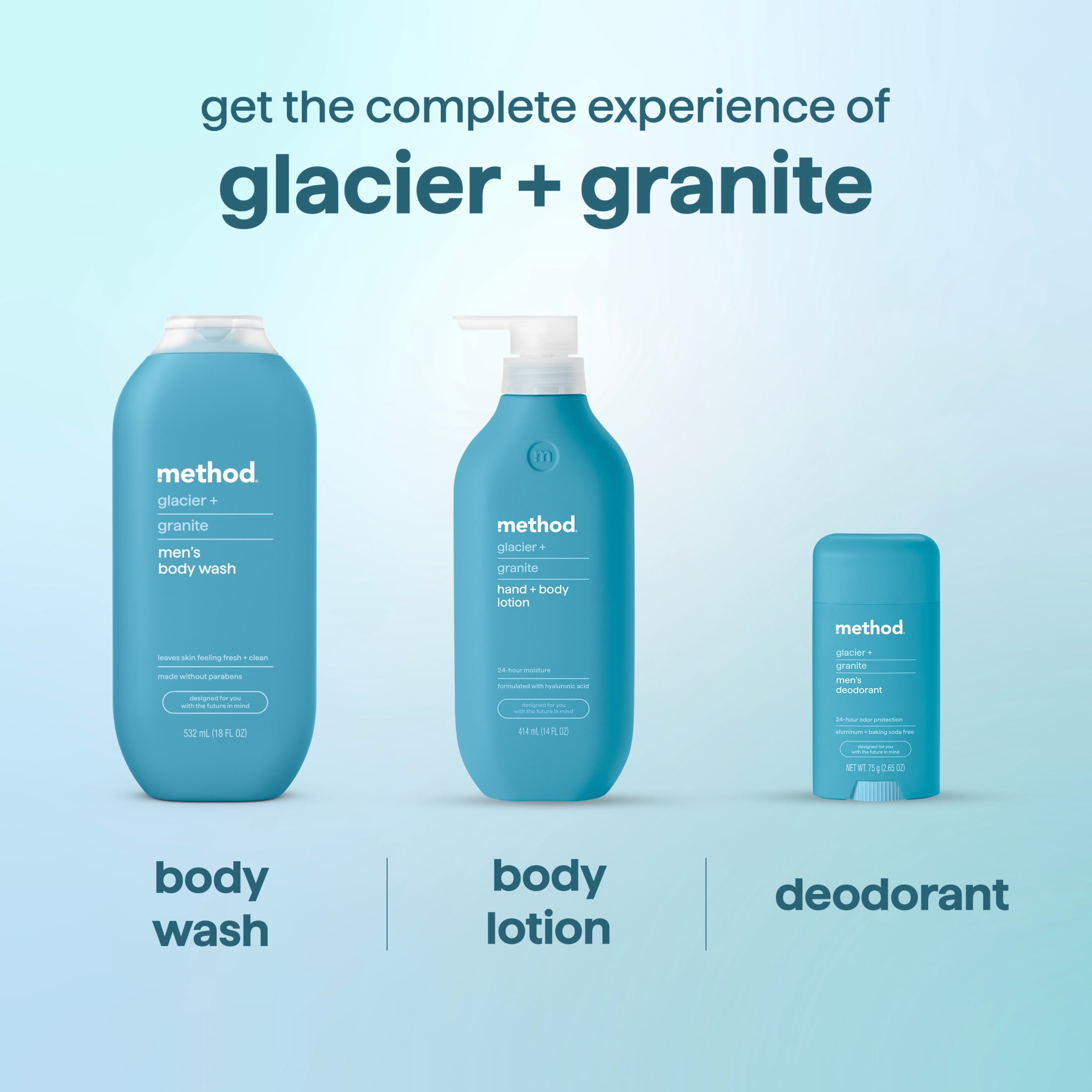 method Hand + Body Lotion for Men, Glacier + Granite- 24hr Moisture, with Hyaluronic Acid & Shea Butter, Softens Skin, Made without Parabens, 14 fl oz