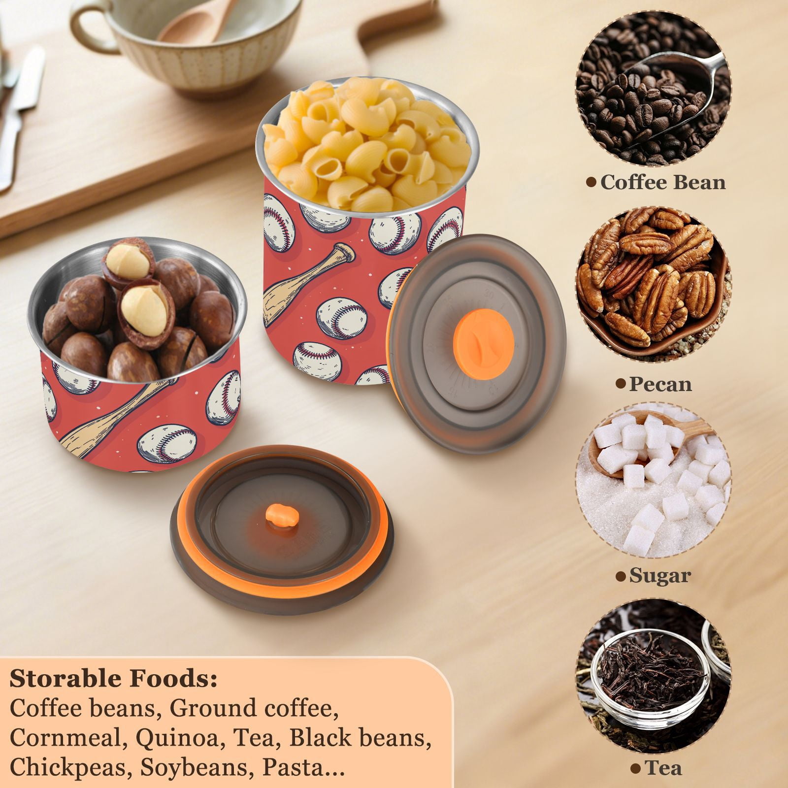 Baseball Bat Vintage Airtight Coffee Bean Canister 900 ml Food Storage Containers with Lids For Gournd, Tea, Sugar, Flour, Rice, Cereal, Candy Cookie Jar