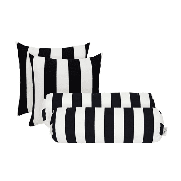 RSH Decor: Set of 4 Pillows | 20" x 6" Neck Roll & 17" Square | All-Weather Spun Fabric | Black & White Stripe