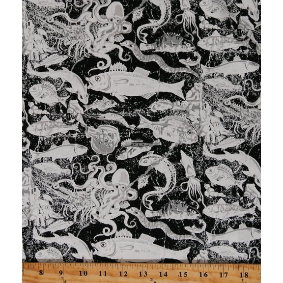 Twill Fish Ocean Sea Animals Black and White 60" Wide Cotton Home Decor Fabric by the Yard (4062R-2G)