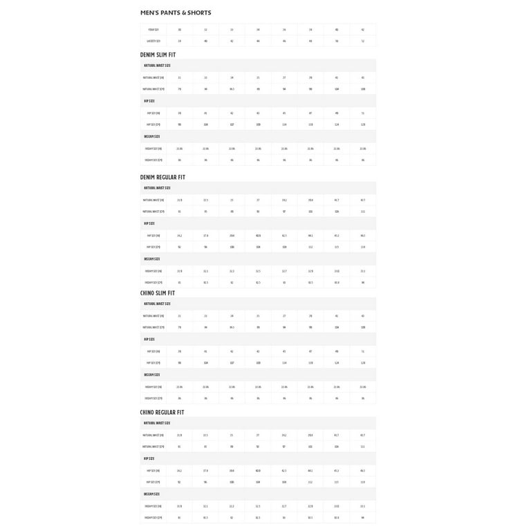 lacoste men's pants size chart