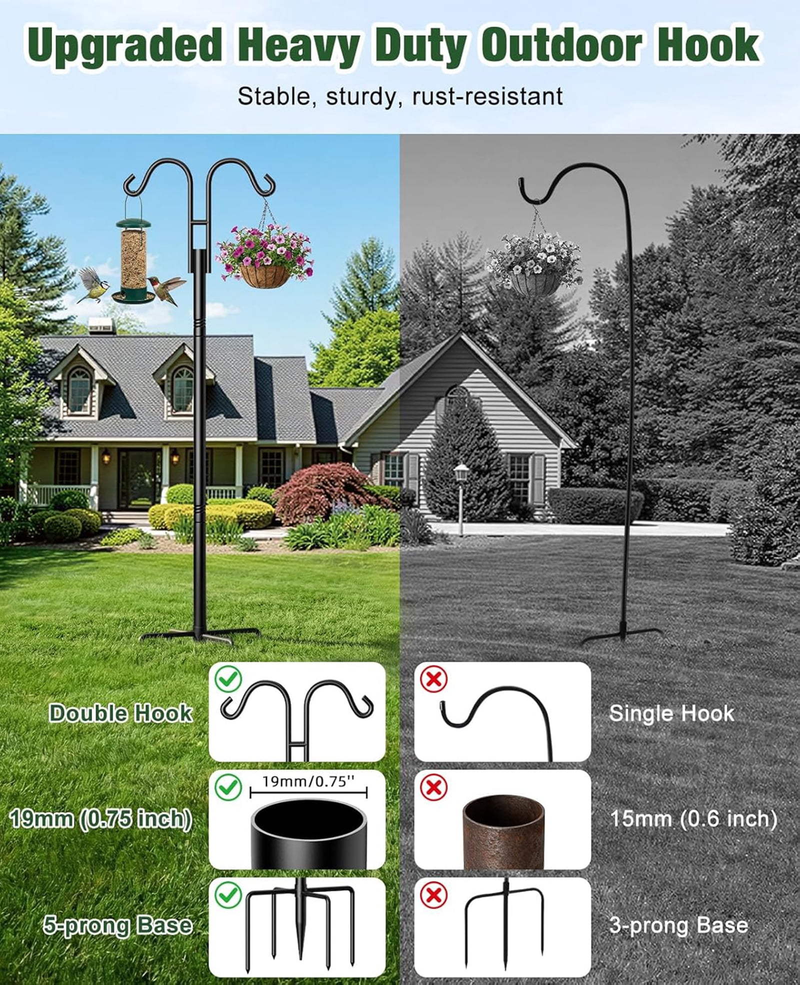 Fmxomd Bird Feeders Pole,Shepherds Hooks for Outdoor 1 Pack 60 Inch Bird Feeders for Outdoors with 5 Prongs Base Hanging Planters for Outdoor, Black