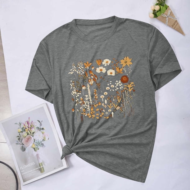 Fiudx Ofertas Relámpago Blusas con Estampado de Flores para Mujer Top de Manga Corta con Cuello Redondo