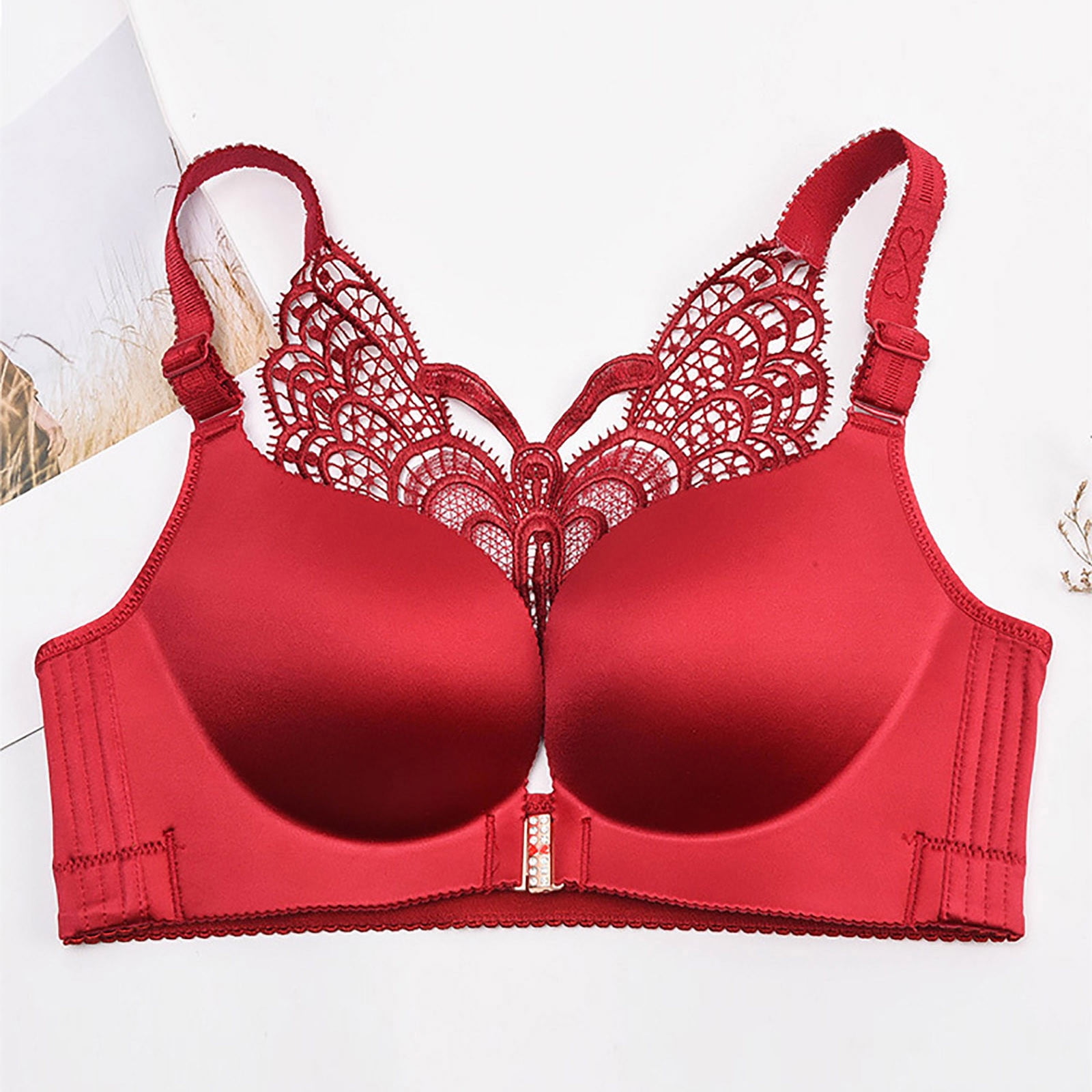 Qcmgmg Plus Size Bras Wireless Push Up Butterfly Back Full Coverage Womens  Bras Clearance Solid Color Front Closure T-Shirt Bra 
