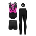 thumbnail image 2 of Hansber Kids 4-Piece Workout Sets Gymnastics Leotard with Leggings Shorts Dance Outfits for Stage Performance Hot Pink 14, 2 of 5