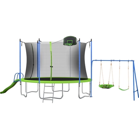 Seizeen 12FT Trampoline with Swing Set  Basketball Hoop and Slide  Outdoor Fitness Trampoline with Enclosure Net for Kids/Adults  Sports Recreational Jumping Trampoline for Backyard  L0388
