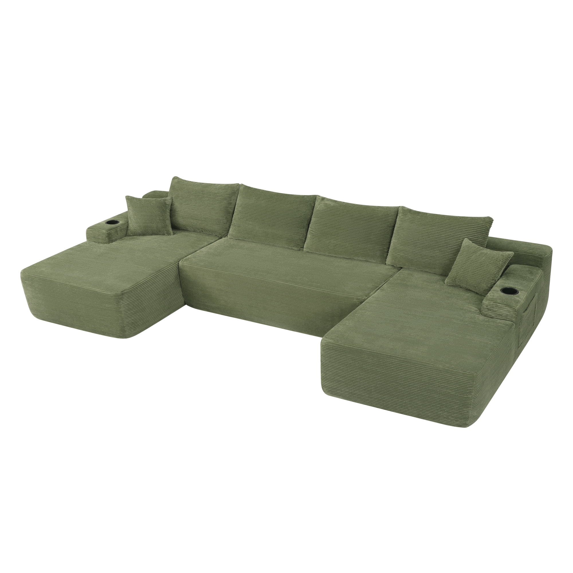 U-Shaped Sectional Sofa with Chaise and Cup Holders, 126'' Modular Sofa Couch with Side Pockets, Modern Upholstered Couch for Living Room, No Assembly Required