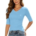 thumbnail image 2 of Drses Women V Neck Ribbed Knit Top, 3/4 Elbow Half Length Sleeve Ruched Slim Fit Stretch T-Shirt, Soft Basic Dressy Casual Tunic Tees for Summer Autumn Daily Outfits, 2 of 2