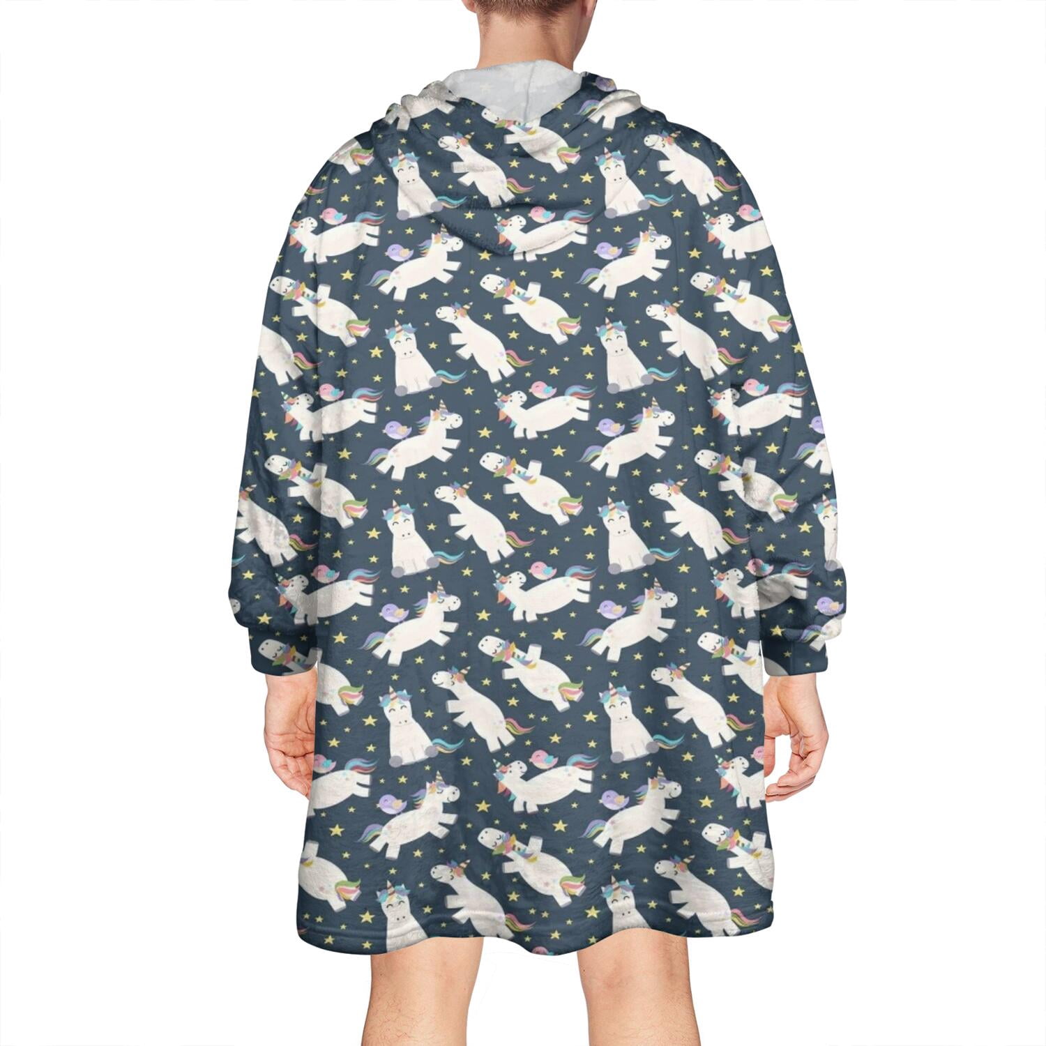 Wearable Oversized Blanket,Dark Blue Cartoon Unicorn Pattern Wearable Blanket Hoodie for Adults,Cozy Hooded Blankets with Super Pockets,Super Warm Fuzzy Pullover for Women & Men