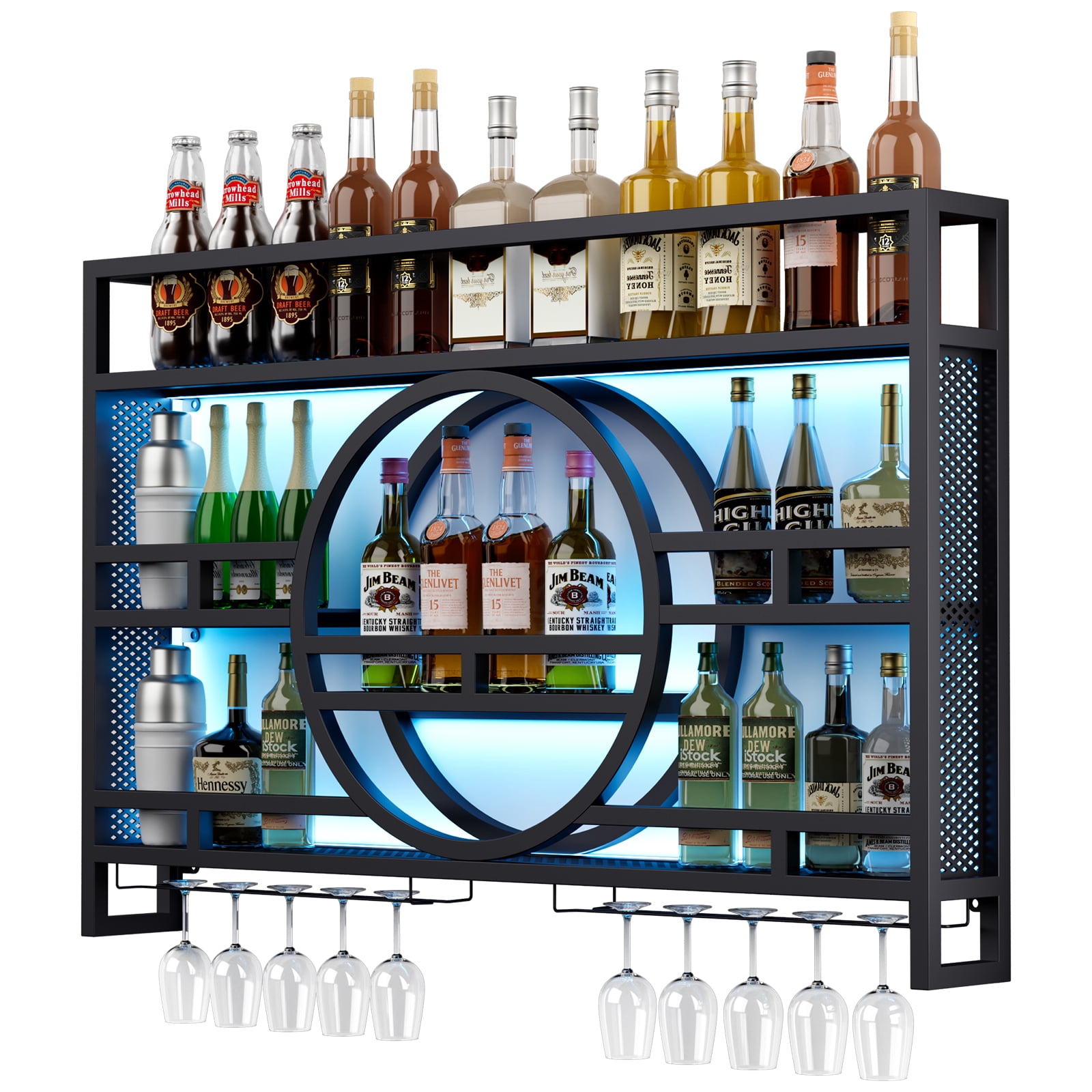 3-Tier Industrial Wine Rack Wall Mounted with LED Light, Floating Bar Shelves with Wine Glass Holder Hanging Liquor Shelf, Wall-Mounted Wine Racks Cabinets for Home Bar No Assembly Required 39 in