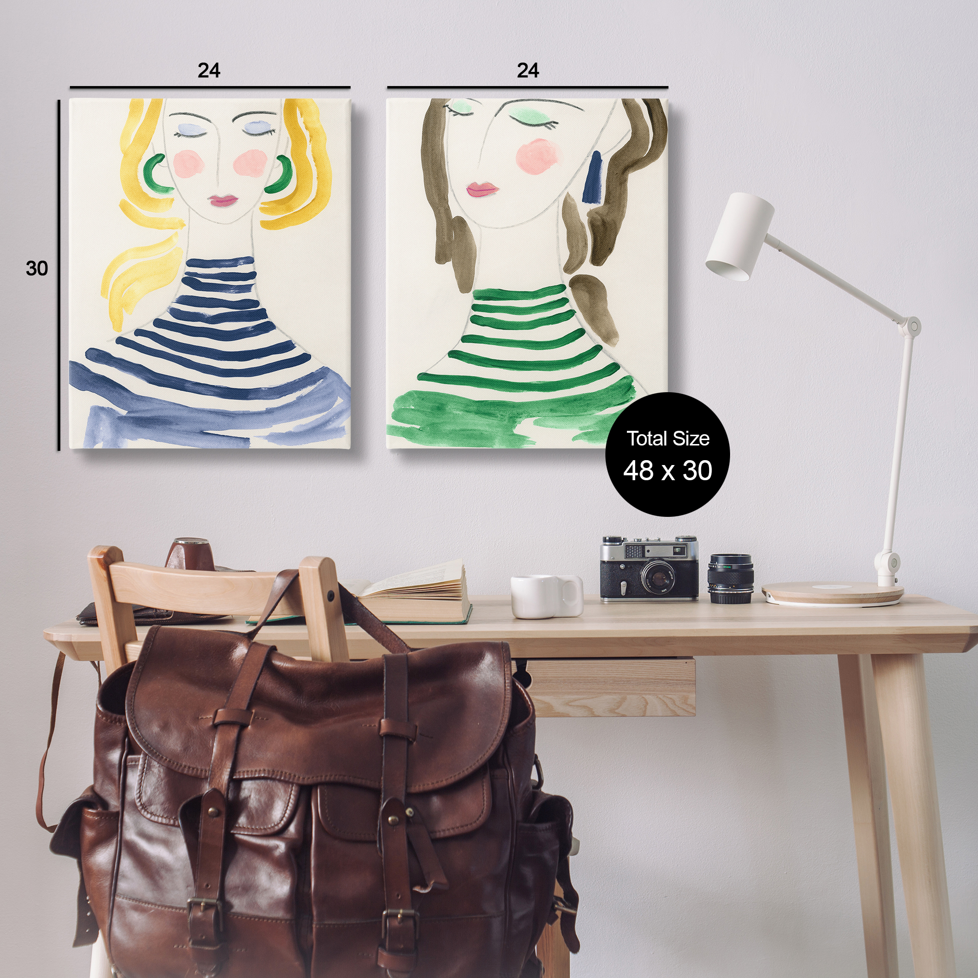 Stupell Industries Stylish Ladies in Stripes People Painting Wrapped Canvas Art Print Wall Art, 24 x 30, Set of 2