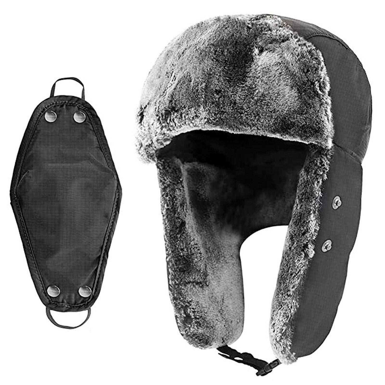 Okli_Rsoe Unisex Winter Trapper Hat, Waterproof Warm Faux Fur Ski Cap with Mask, Black