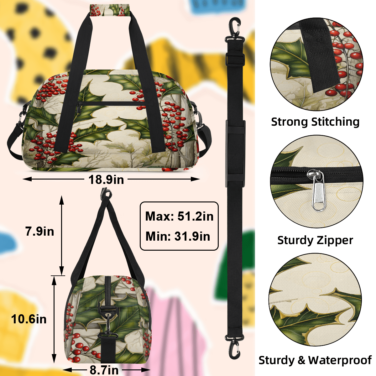 Herdesigns Christmas Sports Duffle Bag for Women & Men, Holly Berry Leaf Gym Bag Dance Bag Overnight Bag Carry On Weekender Travel Bag