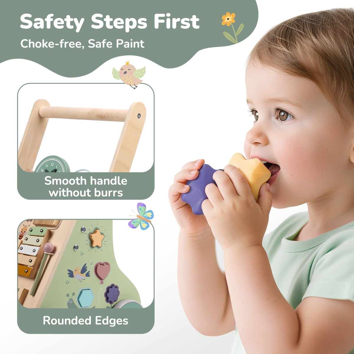 Wooden Baby Walker, Caveen Montessori Push Walker with Activity Center，Adjustable Speed and Height Baby Push Walking Toys for 12 Months