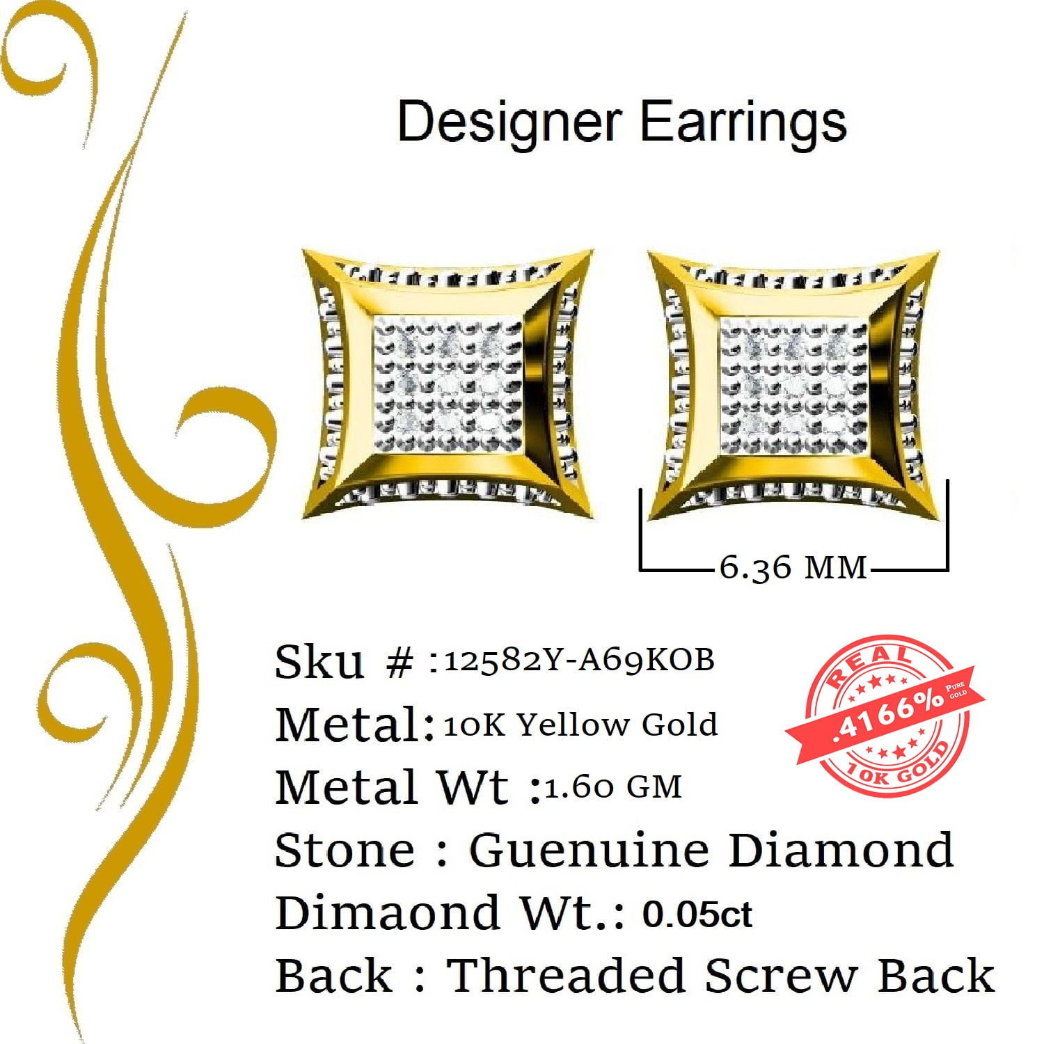 King of Bling's 10K Yellow Gold with Real 0.05CT Diamond Men's /Womens Square Stud Earring
