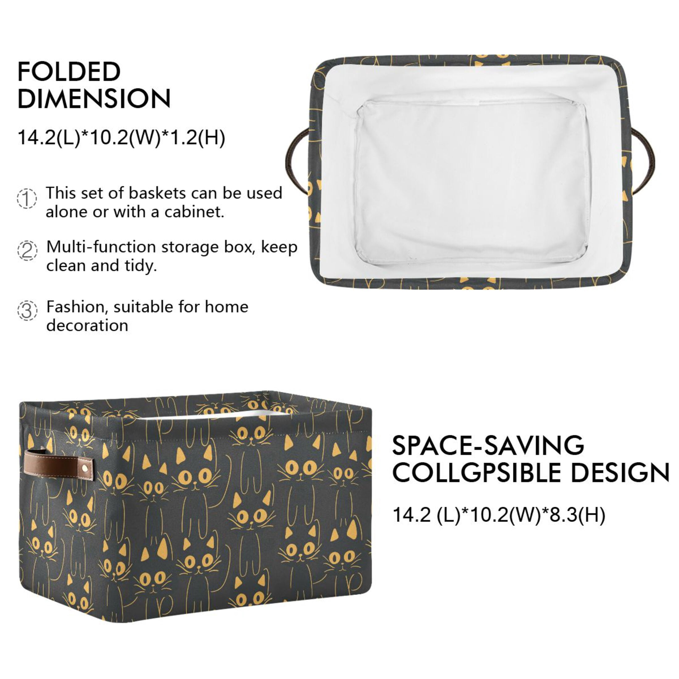 Black Cats Lines Storage Bins with Handle Fabric Organizer Basket Foldable Box 2 Pack 14.2x10.2x8.3