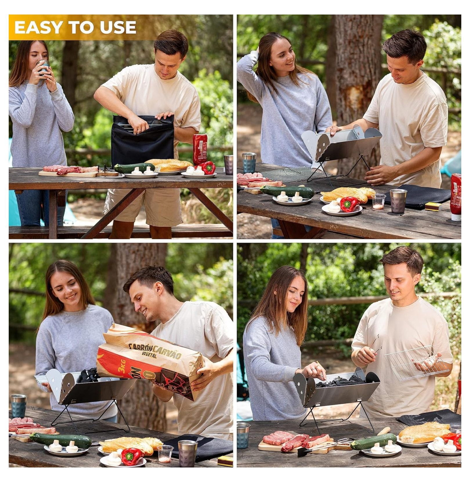Camping Grill Stainless Steel, Portable Charcoal Grill, Foldable BBQ for Hiking & Picnics