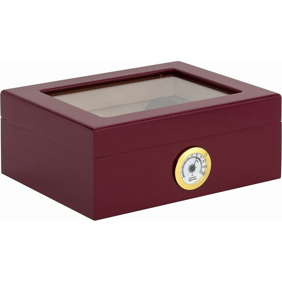 Desktop Humidor, Capri, with Tempered Glasstop, Cedar Divider, and Brass Ring Glass Hygrometer, Holds 25 to 50 Cigars, Red